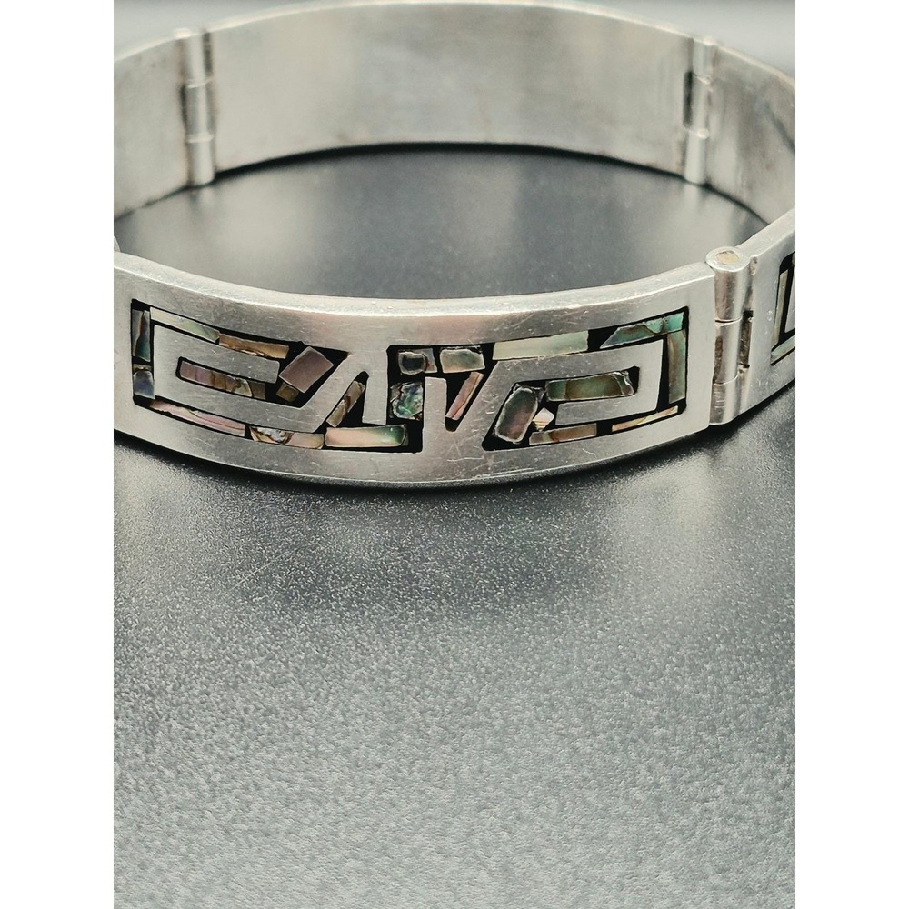 Taxco Mexico 925 Sterling Silver Abalone Geometric Hinged Bangle Bracelet Vintag